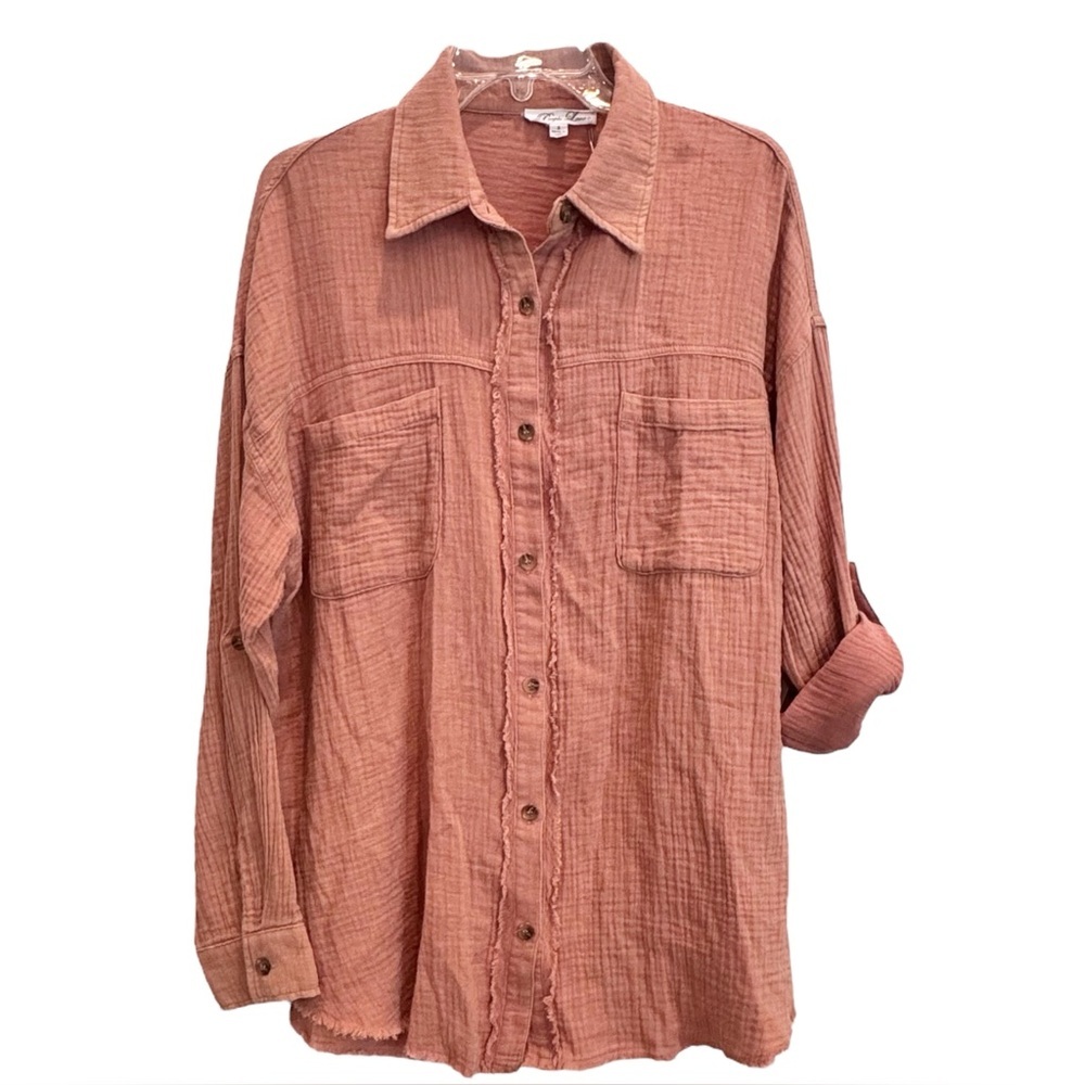 Purple Lava Oversized Button Down Cotton Gauze L/S Roll Tab Chest Pockets